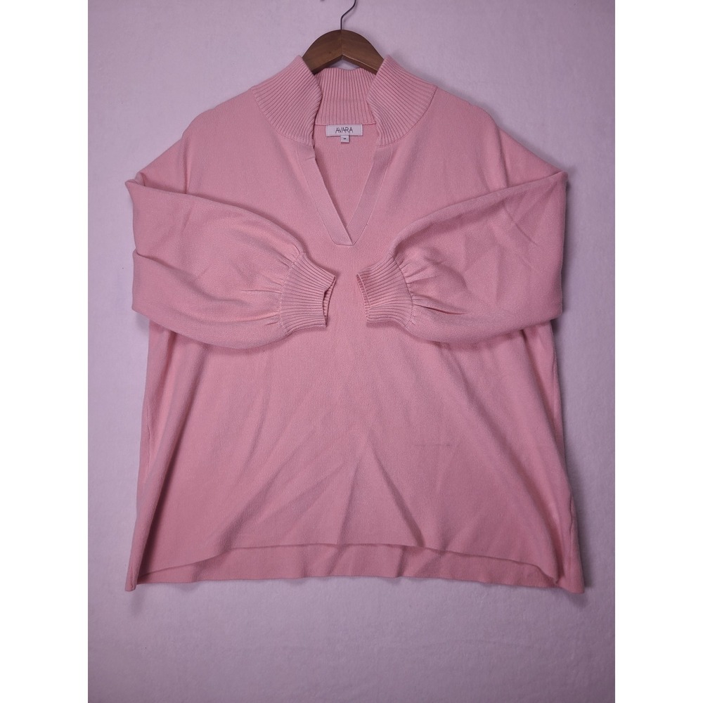Avara M Sweater Preppy Chic Pink Balloon Sleeve Split Neck Knit Top